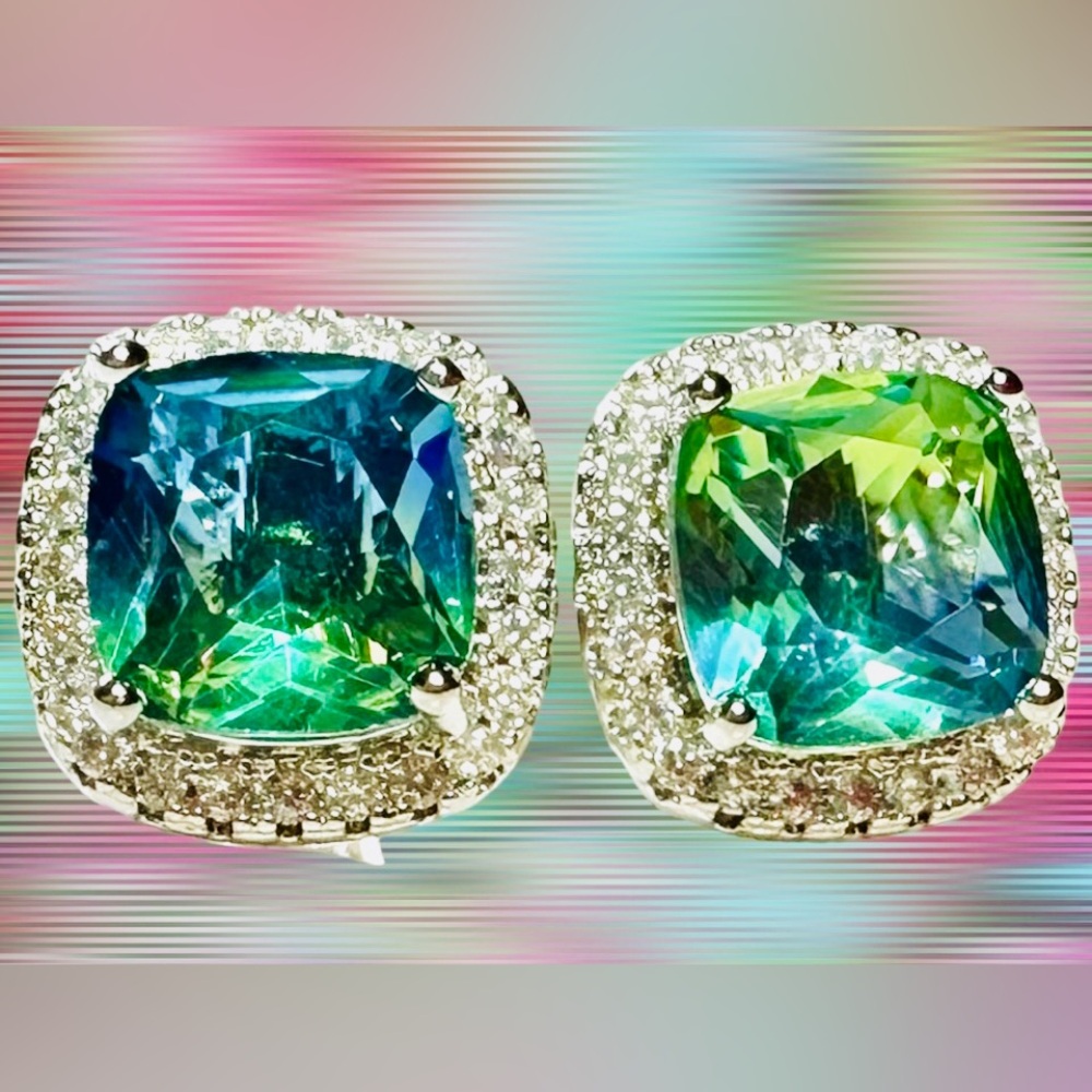 Blue Green Topaz 925 Sterling Cushion Stud Earrings CZ Halo - Picture 8 of 11